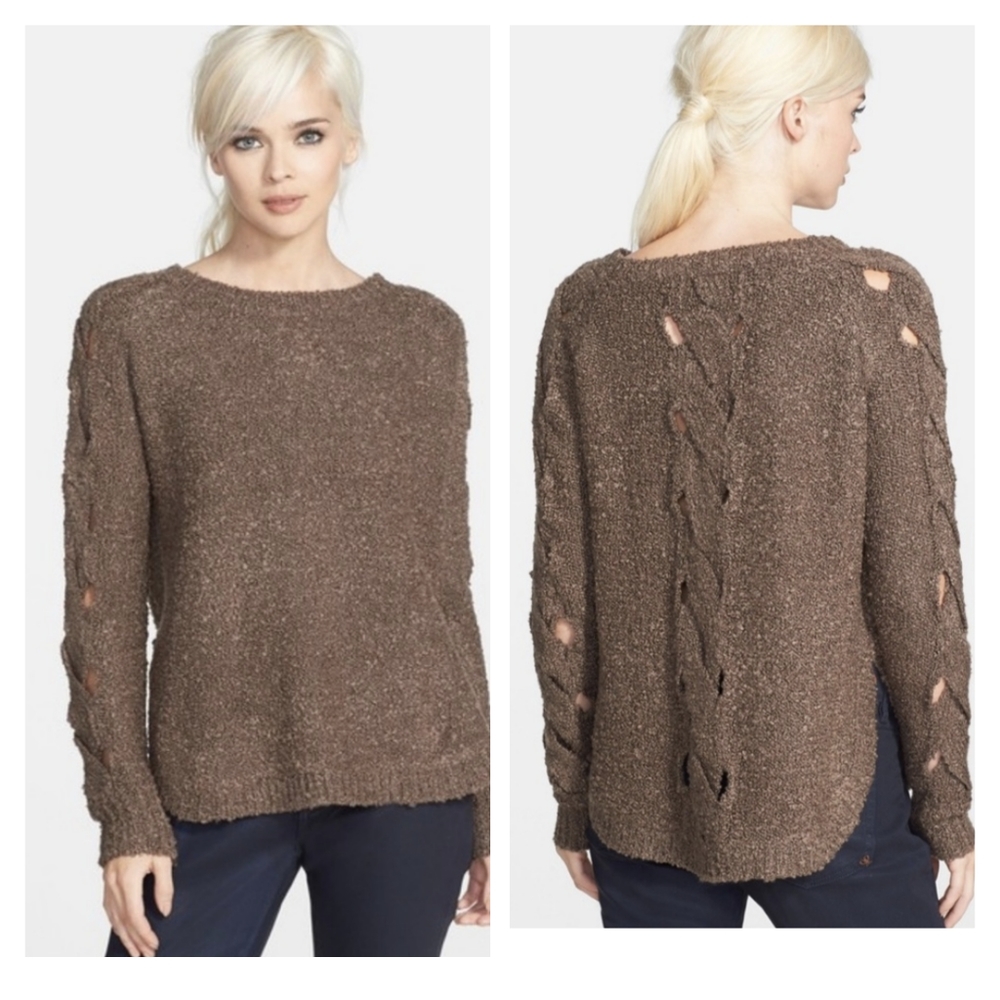 ASTR the Label Brown Distressed Cut-out Braided Fuzzy Knobby Sweater